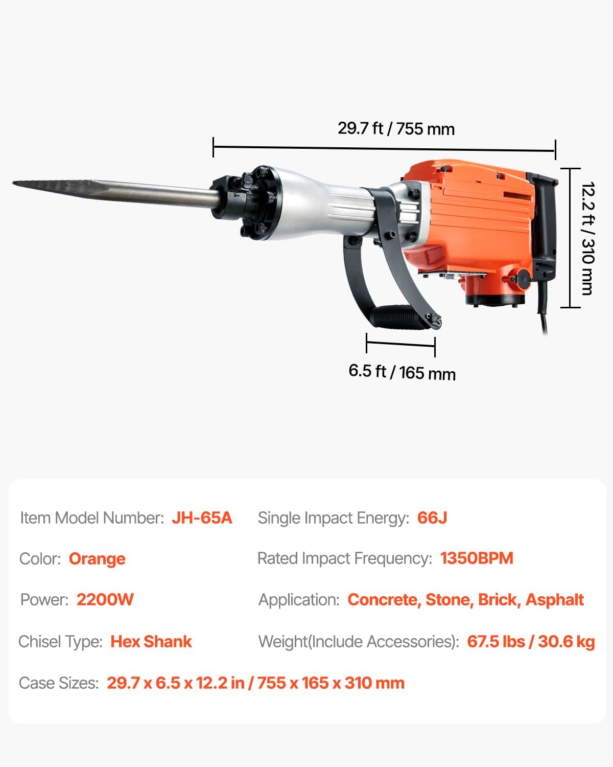 VEVOR Demolition Jack Hammer, MAX 2200W Electric Jackhammer Heavy Duty, 1350 BPM Concrete Breaker 6pcs Chisels Bit Chipping W/Case