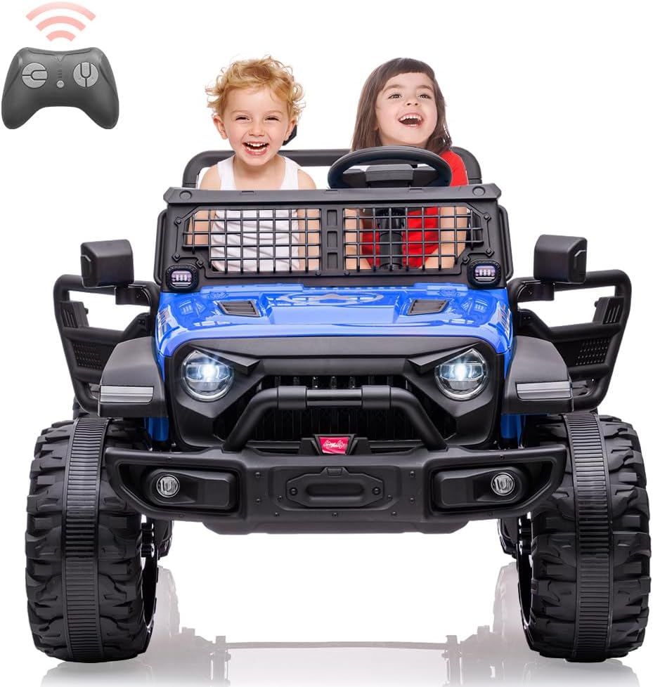 24V 2 Seaters Kids Ride On Truck with Remote Control, 20' Large Seat + 15.5' Large Wheels, Electric Vehicle Car with LED Light,Storage Space, Bottle Holder,Music, Horn,USB for 3-8 Years (Blue)