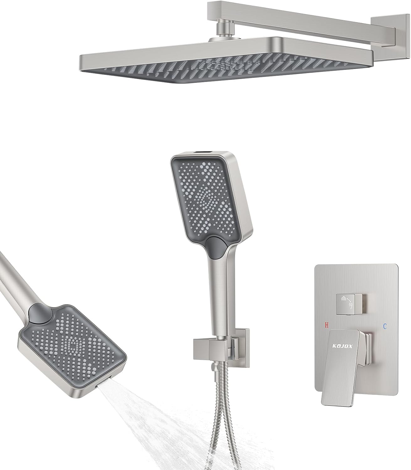 Shower System 13-Inch Rainfall Shower Head - 3 Setting Handheld Sprayer, Complete Bathroom Set with Faucet Mixer Trim Kit & Valve Brushed Nickel