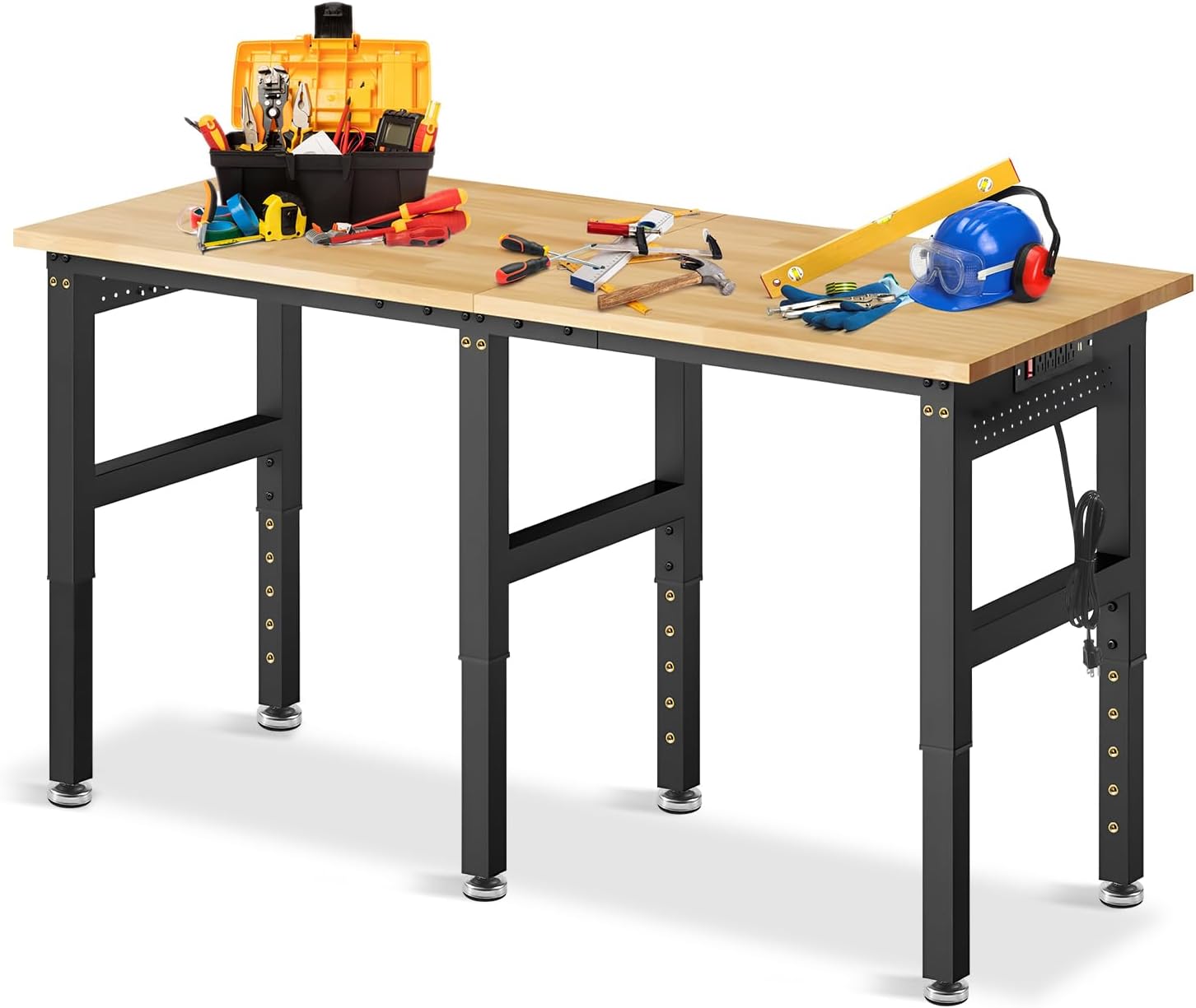 72' Adjustable Height Workbench, 5000 LBS Heavy Duty Table Rubber Wood Workstation with Power Outlet & Pegboard for Garage, Office, Workshop, Home,Commercial