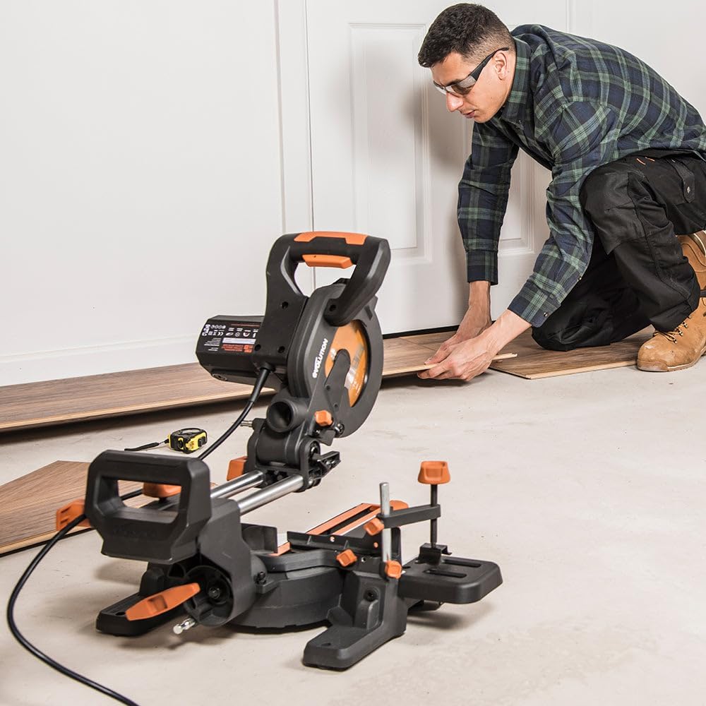 Evolution Power Tools R185SMS+ Sliding Miter Saw with Multi-Material Cutting, 45 Degree Bevel, 50 Degree Miter, 210 mm Slide, Blade Included Cuts Wood Plastic Metal & More, 7-1/4'