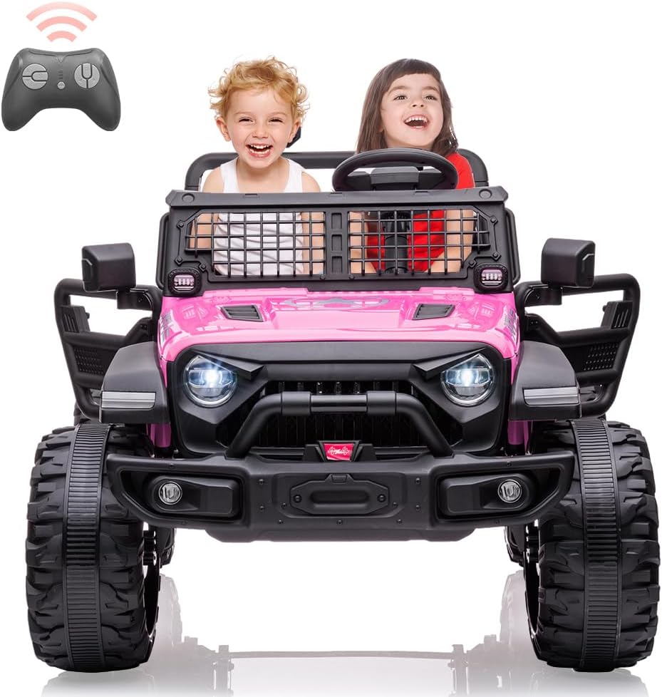 24V 2 Seaters Kids Ride On Truck with Remote Control, 20' Large Seat + 15.5' Large Wheels, Electric Vehicle Car with LED Light, Storage Space, Bottle Holder,Music, Horn,USB for 3-8 Years (Pink)