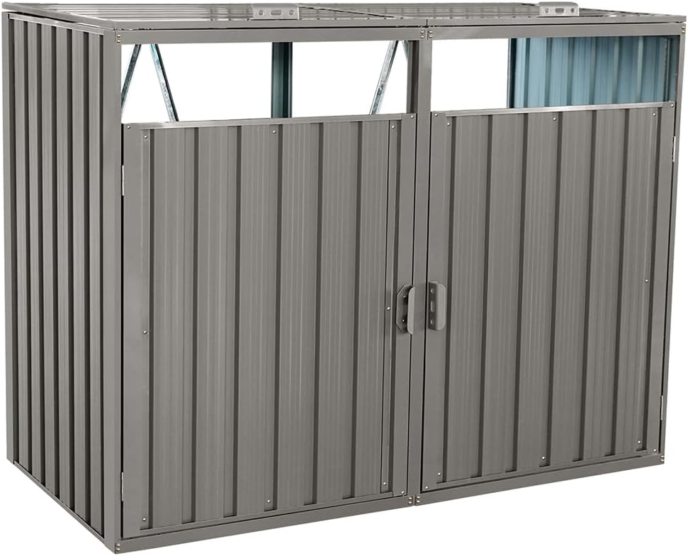 Outdoor Storage Shed for Trash Cans and Yard Tools, Bike Shed Heavy Duty Metal Shed Tool Shed with 2 Doors, Horizontal Stow-Away Storage Shed for Backyard Patio Garden,Gray,63'L × 31.5'W × 48'H