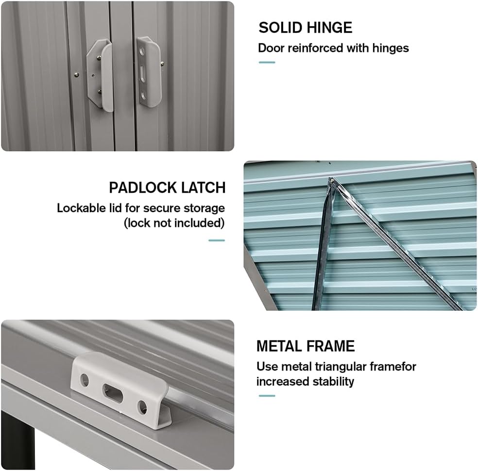 Outdoor Storage Shed for Trash Cans and Yard Tools, Bike Shed Heavy Duty Metal Shed Tool Shed with 3 Doors, Horizontal Stow-Away Storage Shed for Backyard Patio Garden,Gray,95' L × 31.5' W × 48' H