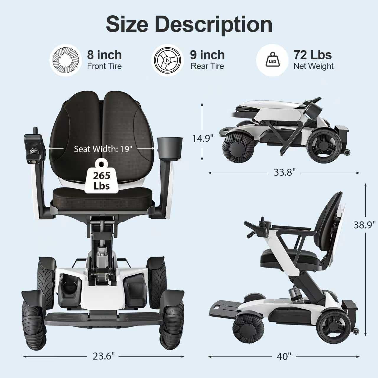 Electric Wheelchair for Adults with Remote Control & Electric Lift, Foldable Power Chair with Adjustable Ergonomic Backrest, Dual Motor All-Terrain Performance for Indoor & Outdoor Use, White