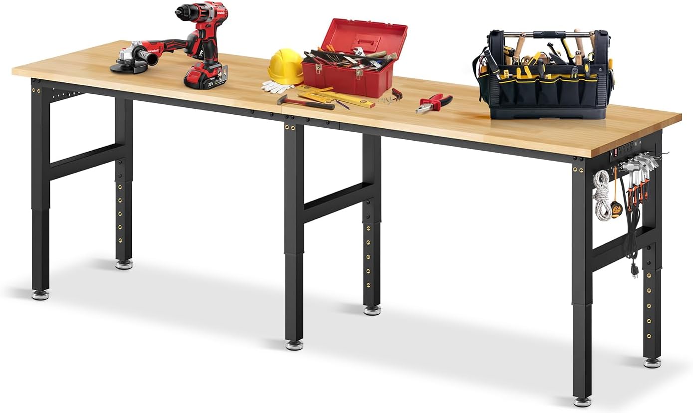 96'Adjustable Work Bench, 5000 LBS Capacity Heavy Duty Workbench with Power Outlet & Pegboard, Rubber Wood Work Table for Garage, Workshop, Office, Home