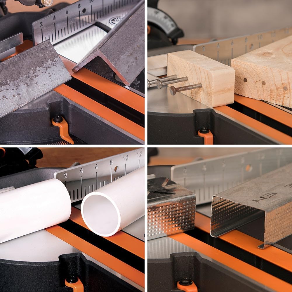 Evolution Power Tools R185SMS+ Sliding Miter Saw with Multi-Material Cutting, 45 Degree Bevel, 50 Degree Miter, 210 mm Slide, Blade Included Cuts Wood Plastic Metal & More, 7-1/4'