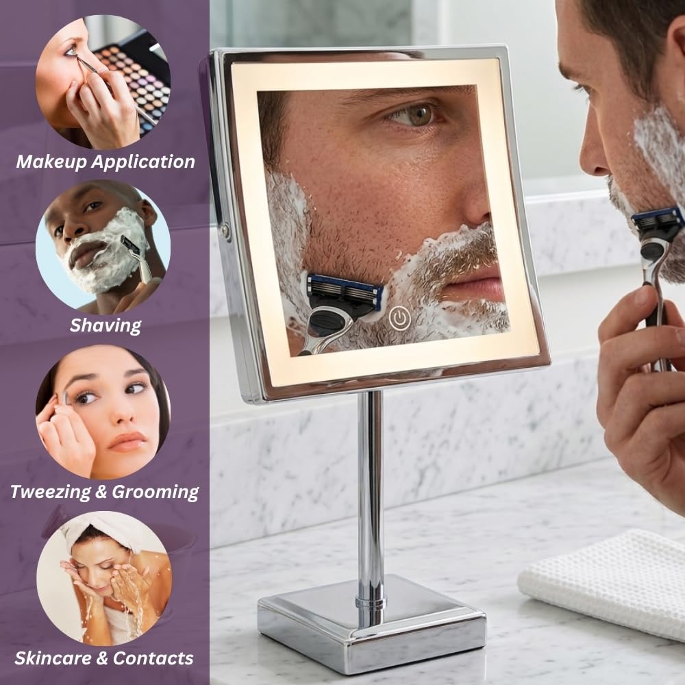 JERDON Lighted Tabletop Makeup Mirror with 5X Magnification - Chrome Finish 8' bx 8' Plug in Magnifying Mirror with Variable Lighting - Model JRT880CL