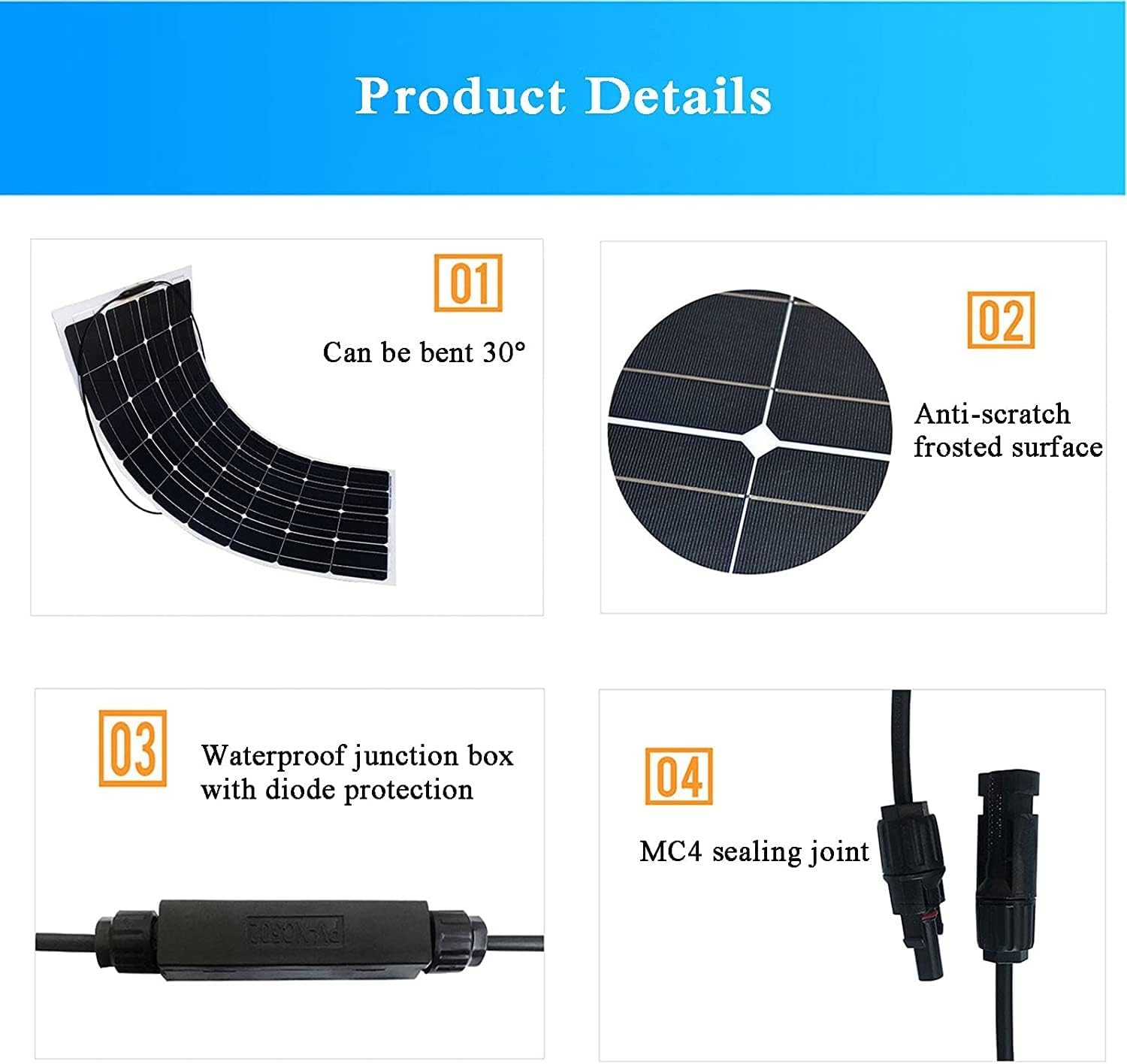 Portable Solar Panels Flexible 100W 12 V Solar Panel Kit, Waterproof High-Efficiency Monocrystalline Module PV Power for RV, Roof, Caravan and Off Grid Applications