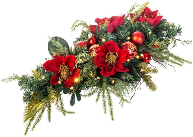 VILLAGE LIGHTING COMPANY Pre-Lit LED Table Top Centerpiece Swag - Golden Leaf Red Magnolia