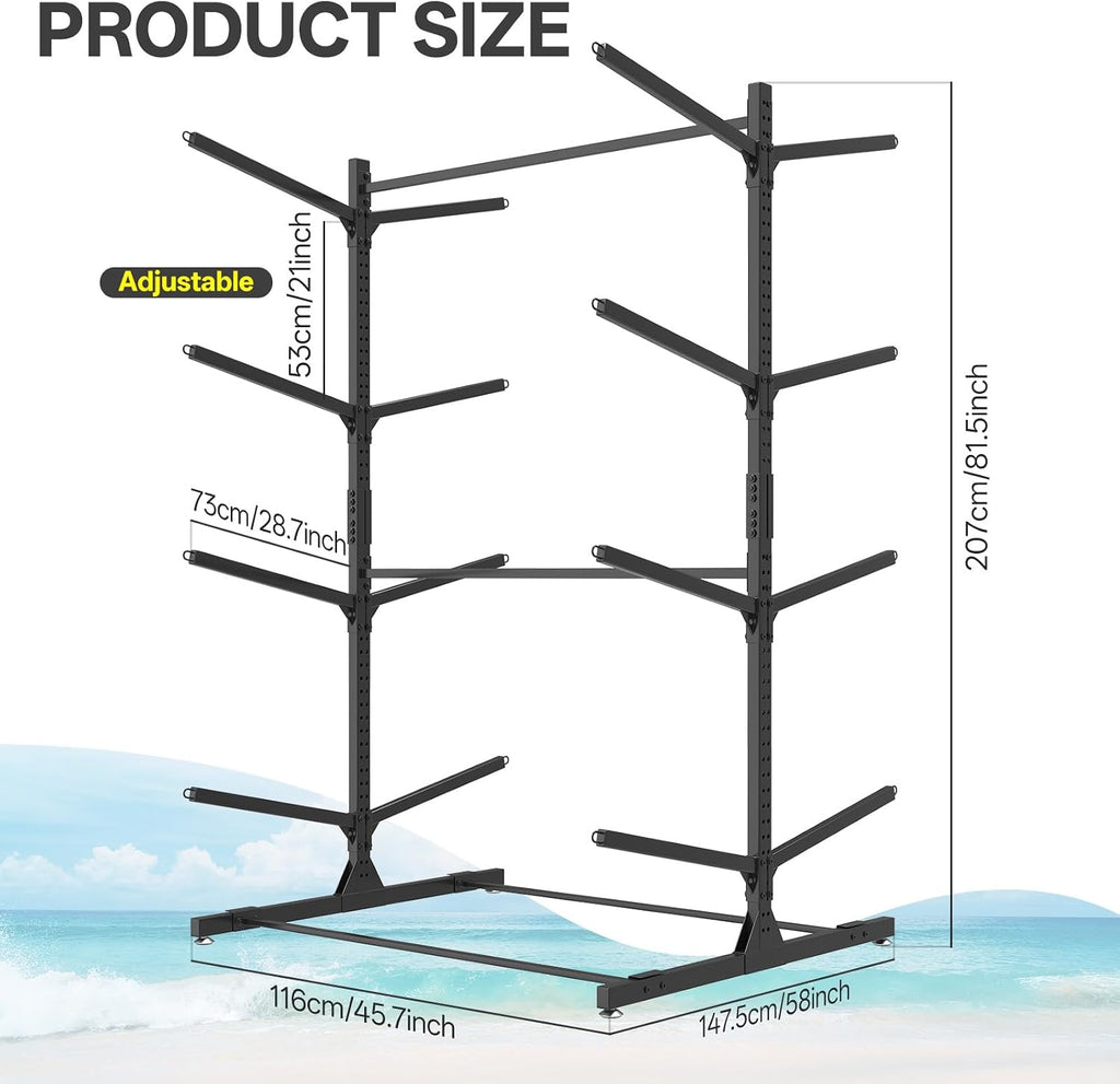 LotFun Kayak Storage Rack, Freestanding Heavy Duty Adjustable Kayak Stand Indoor Outdoor Storage Rack Garage, with Wheels and Foot Pad, for Kayaks, SUPs, Canoes, Surfboard (4 Levels for 8 Kayaks)