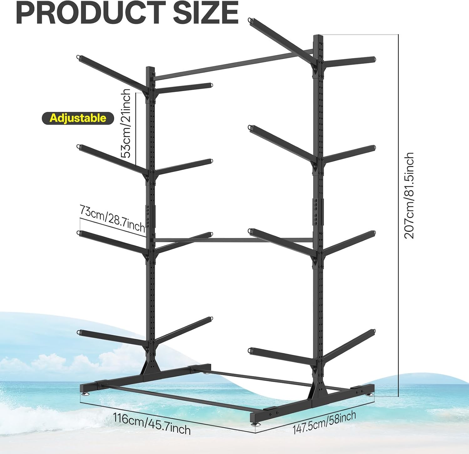LotFun Kayak Storage Rack, Freestanding Heavy Duty Adjustable Kayak Stand Indoor Outdoor Storage Rack Garage, with Wheels and Foot Pad, for Kayaks, SUPs, Canoes, Surfboard (4 Levels for 8 Kayaks)