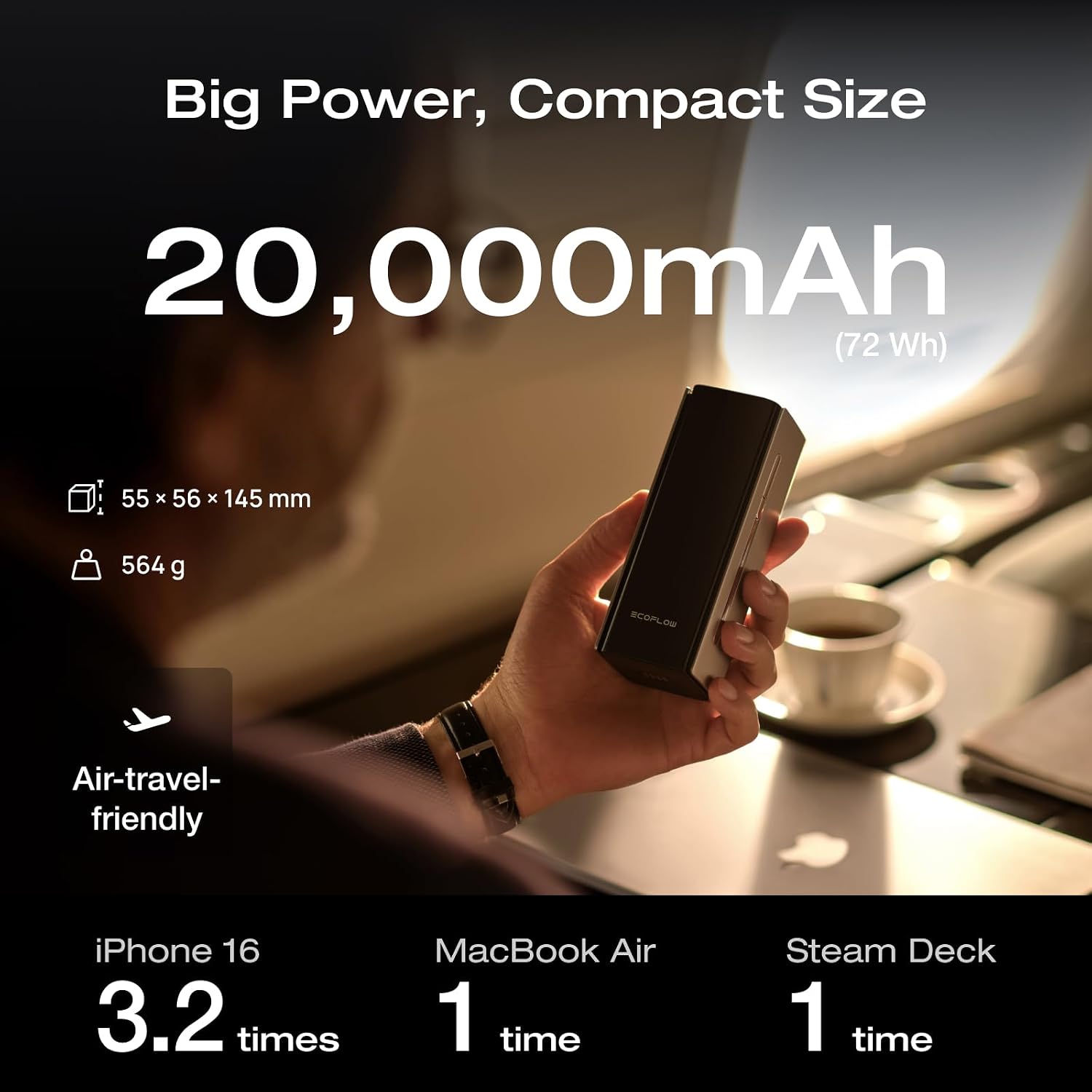 EF ECOFLOW Rapid Pro Power Bank, 20,000mAh 4-Port with 230W Max Output, Portable Charger with 100W Built-in Cable, TSA-Approved, App Control, for MacBook, iPhone 17/16 Series, Laptops, and More