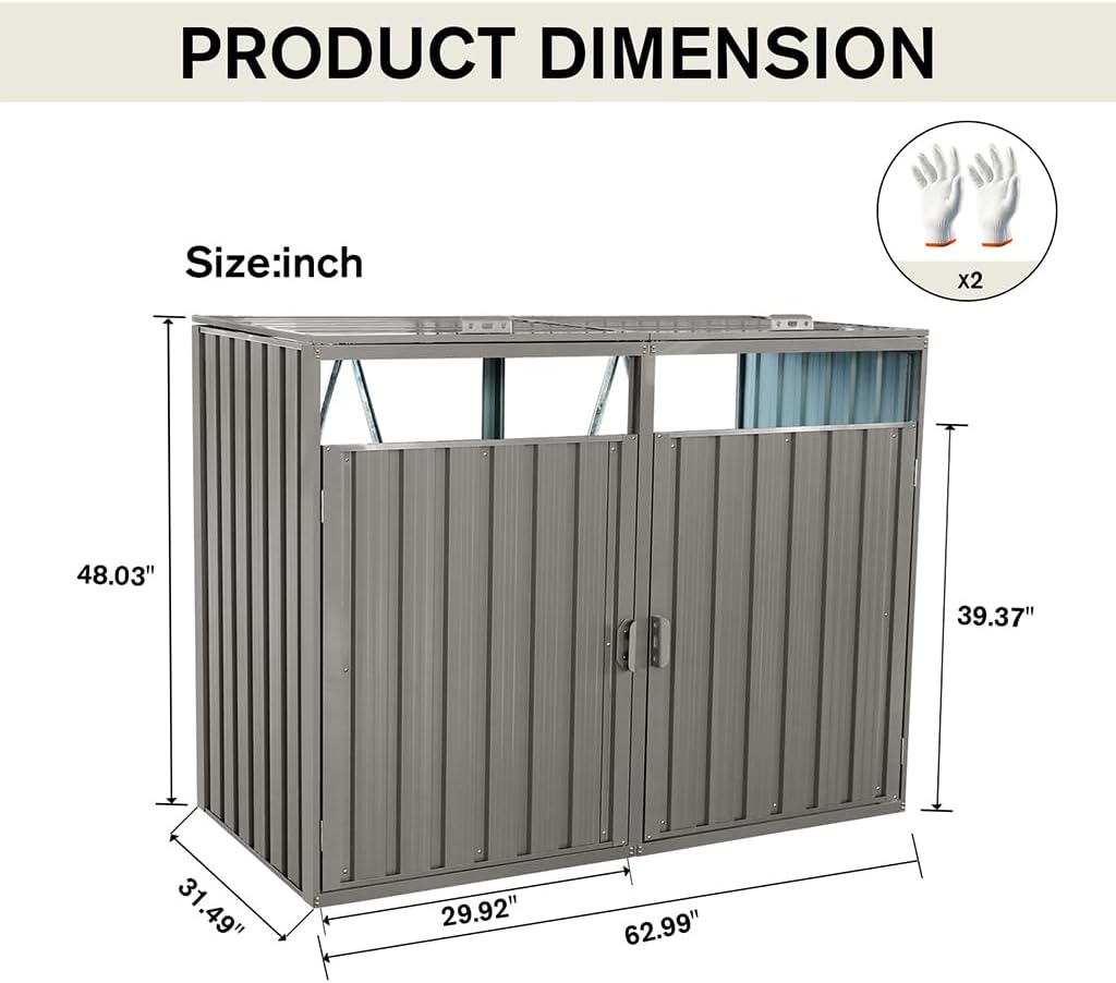 Outdoor Storage Shed for Trash Cans and Yard Tools, Bike Shed Heavy Duty Metal Shed Tool Shed with 2 Doors, Horizontal Stow-Away Storage Shed for Backyard Patio Garden,Gray,63'L × 31.5'W × 48'H