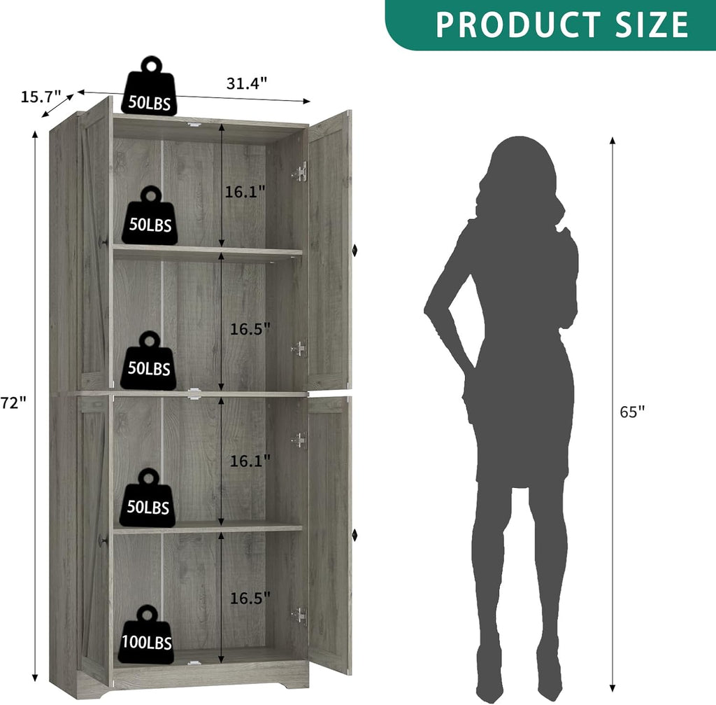 Kitchen Pantry Cabinet Set of 3, 72' Tall Farmhouse Storage Cabinet with 4 Barn Doors and Adjustable Shelves, Versatile Storage for Kitchen, Living Room, Grey