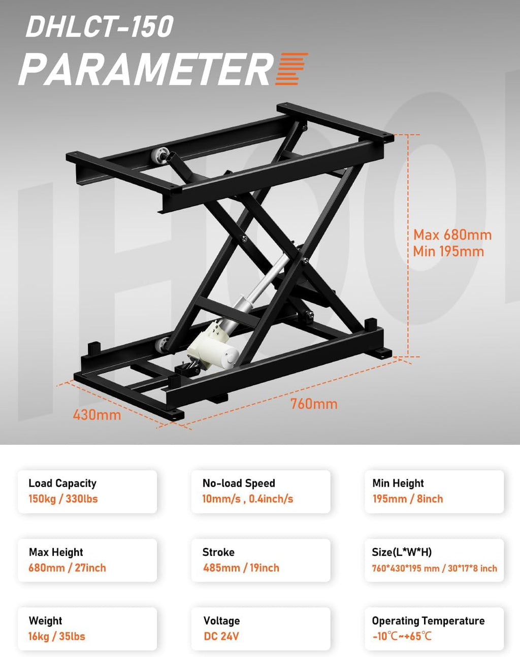 DIHOOL Electric Scissor Lift Table, 350Lbs Capacity, 7.68'-26.77' Height Adjustable Lifting Platform, Super Quiet with Remote & WiFi Control, Obstruction Detection, AC/DC Power for Home/Industrial Use