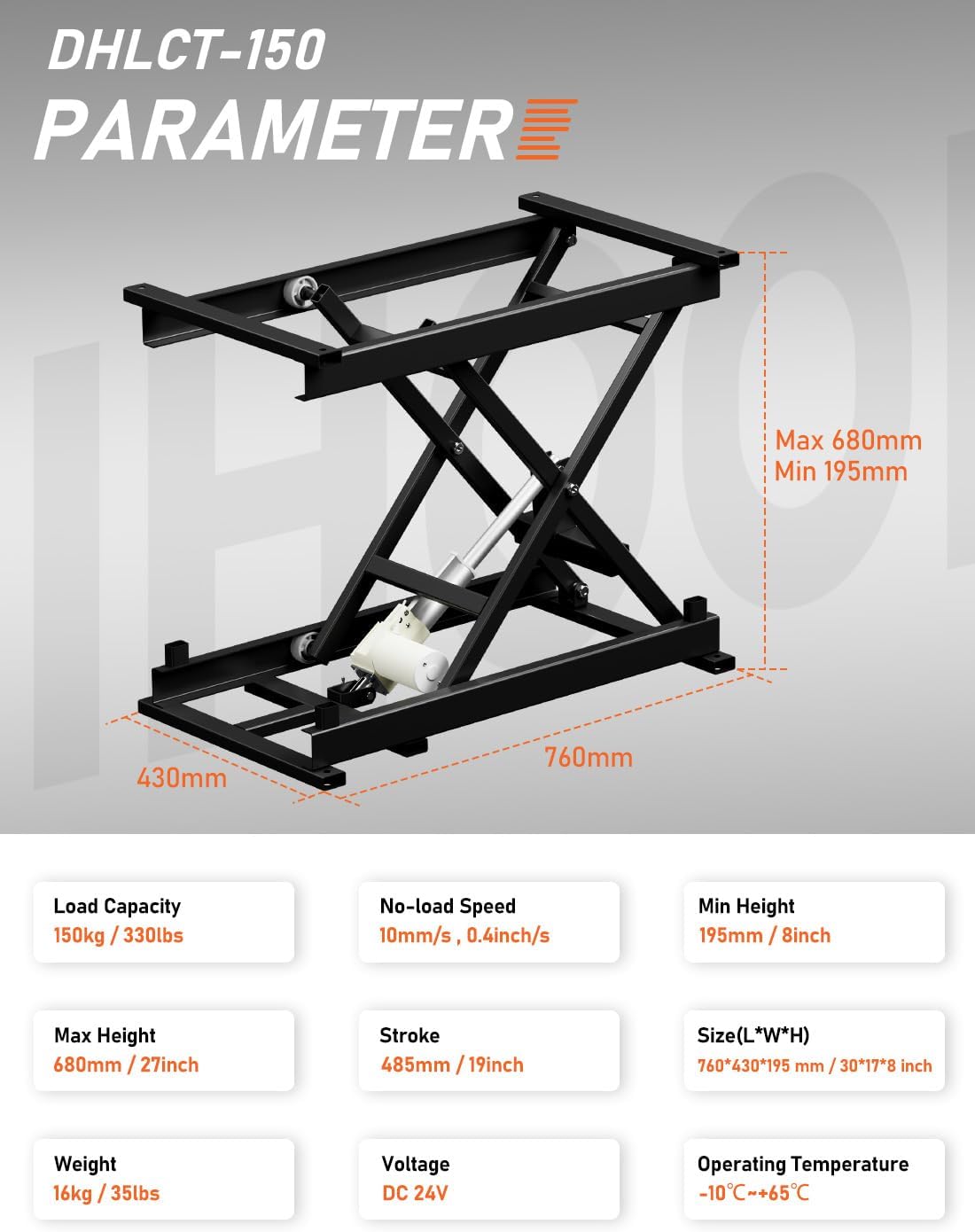 DIHOOL Electric Scissor Lift Table, 350Lbs Capacity, 7.68'-26.77' Height Adjustable Lifting Platform, Super Quiet with Remote & WiFi Control, Obstruction Detection, AC/DC Power for Home/Industrial Use