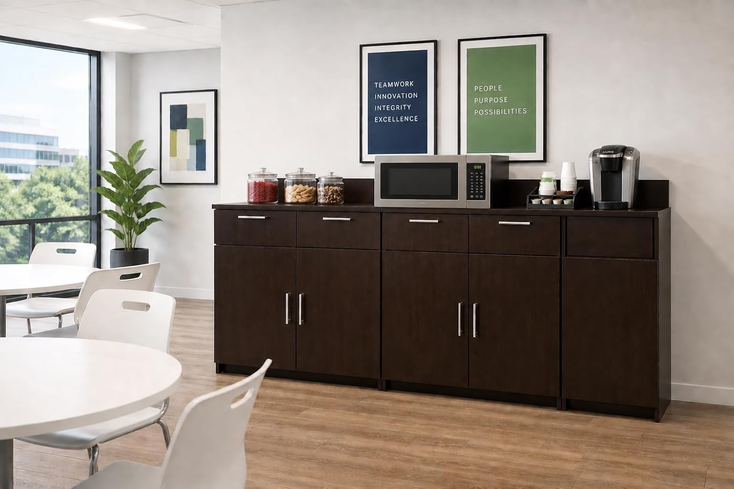 BREAKtime Office Storage Cabinet with Trash Bin Compartment, 2-Door Breakroom Coffee Station, Fully Assembled, 90' W x 24' D x 36' H, Trash Bin Included, Appliances Not Included