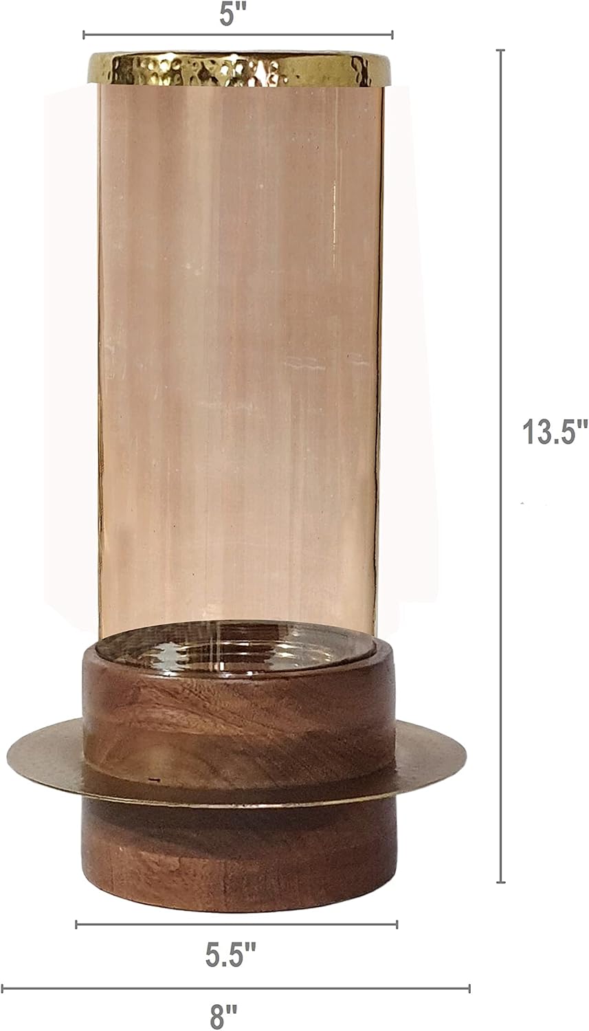 A&B Home Acacia Wood Candle Holder - Wood Candle Holder with Glass Hurricane, Decorative Tabletop Lighting, Living Room Coffee Table Accent Piece Dining Table Centerpiece, 8' x 8' x 14'