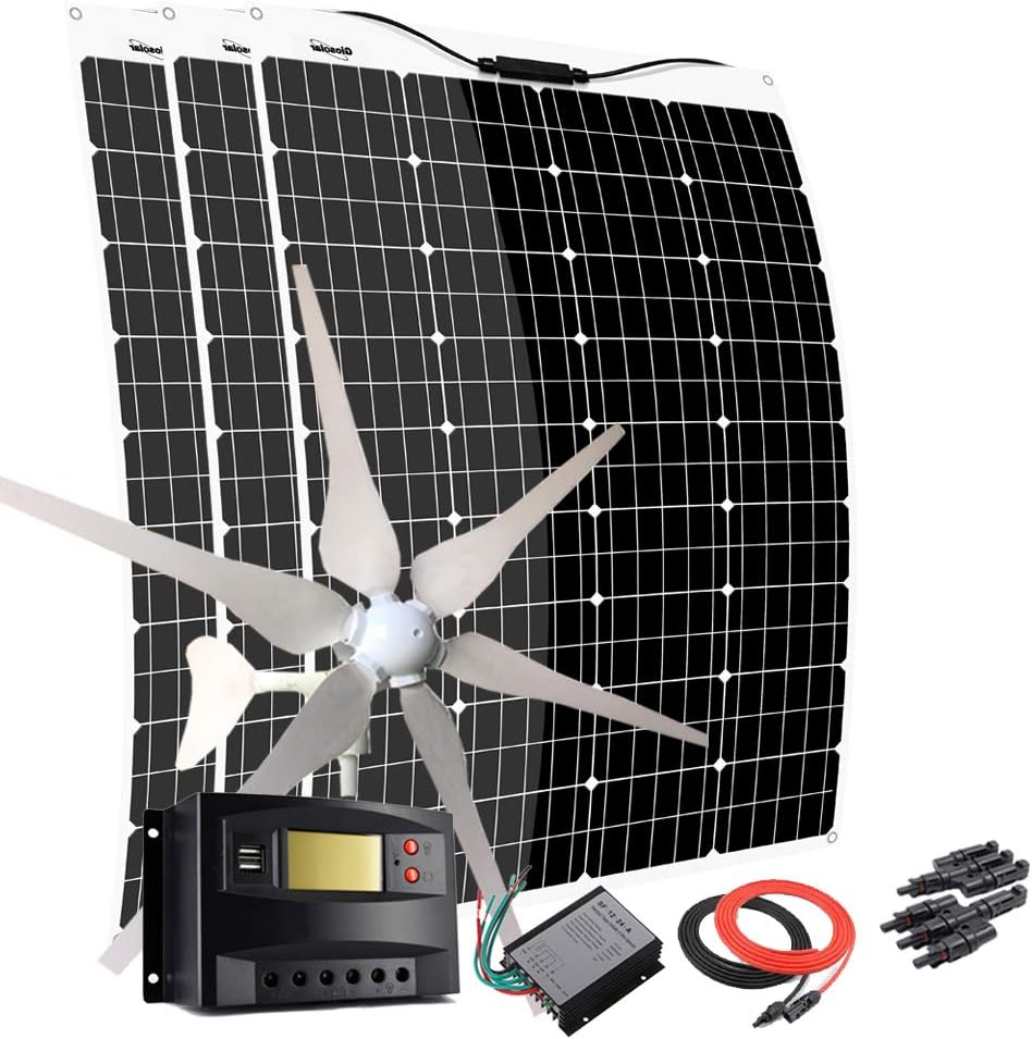 760W 12V Wind Solar Powered Kit for Boat: 400W Wind Turbine Generator + 360W Flexible Monocrystalline Solar Panels + Charge Controller + Cables Battery Charging Kit