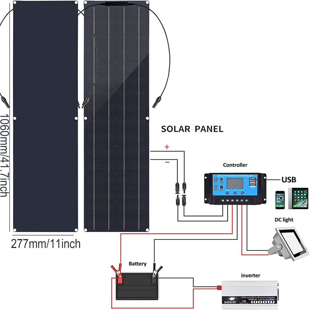Flexible Solar Panel,100W Portable Solar Panel Monocrystalline Solar Panels Kit Photovoltaic Solar Battery Chargers for Car RV Boat Caravans