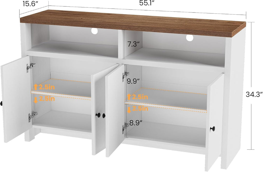 Garvee Sideboard Buffet Cabinet with Storage, 55'' Large Farmhouse Kitchen Storage Cabinet with 4 Doors & Adjustable Shelves, Wood Coffee Bar Cabinet for Dining Room, Entryway, Living Room, White