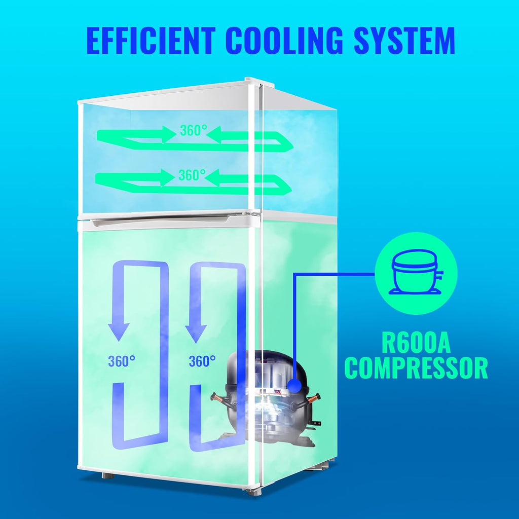 Mini Refrigerator with Freezer Small Fridge Double Door Side Drink Holder Adjustable Glass Shelves, Plastic Crisper, 7 Level Temperature Control for Bedroom, Office, Apartment White