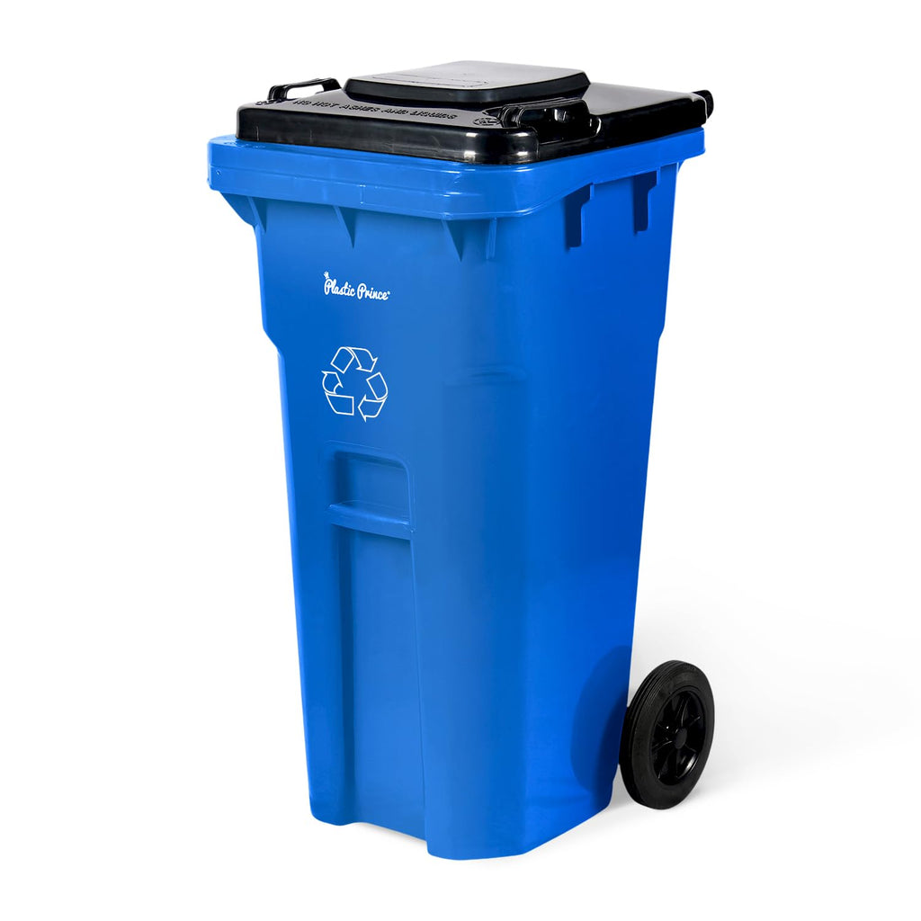 PLASTIC PRINCE 32 Gallon Trash Can Outdoor Recycling Bin with Lid and Wheels Heavy Duty Rolling Garbage Can with Lid Blue Recycle Trash Can with Wheels for Warehouse Hospital Restaurant Office