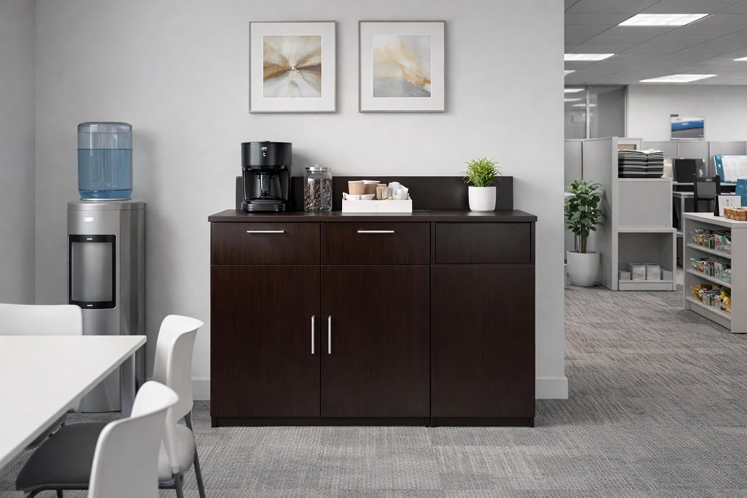 BREAKtime Breakroom Cabinet with Trash Bin Storage, Office Coffee Station Cabinet, Commercial-Grade, Fully Assembled, 54' W x 24' D x 36' H, Trash Bin Included, Appliances Not Included