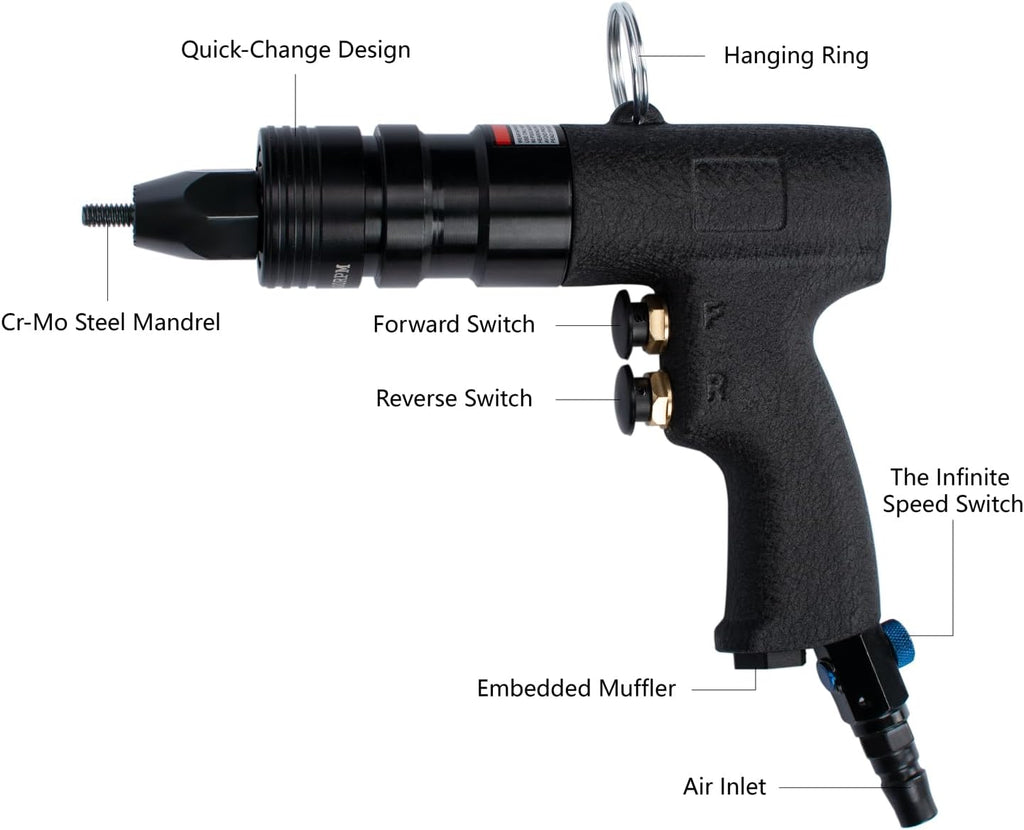 Air Rivet Nut Tool Kit, Pneumatic Rivnut Gun with 1/4'', 5/16'' & 3/8'' Mandrels