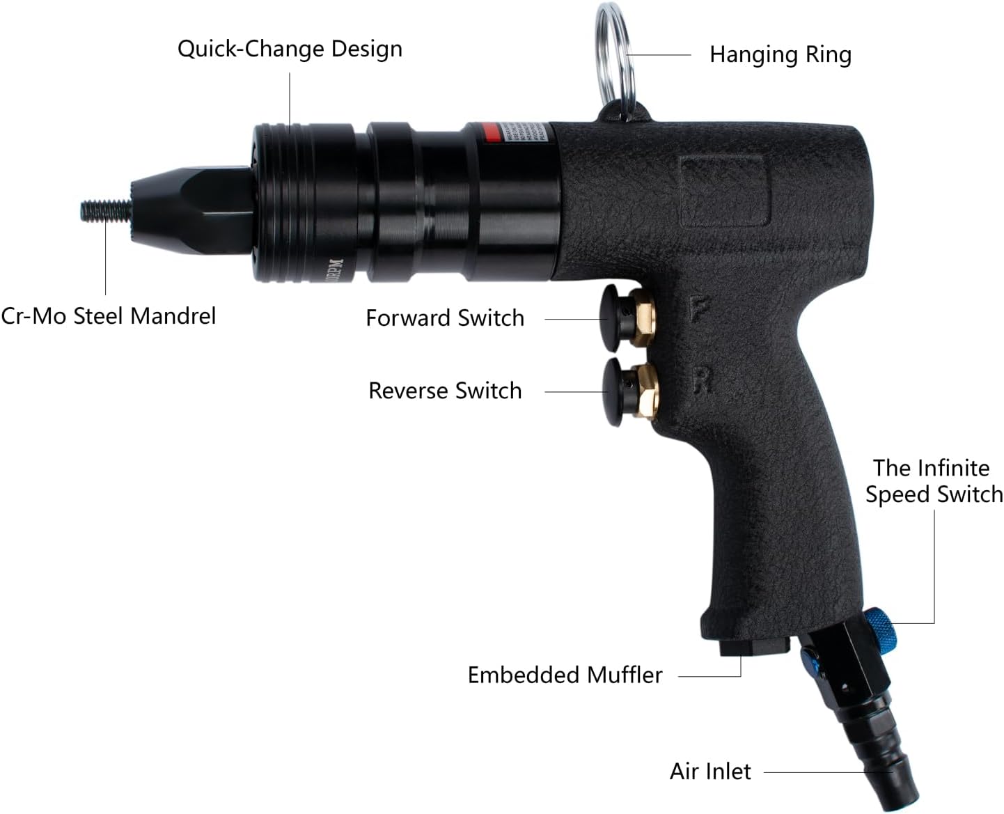 Air Rivet Nut Tool Kit, Pneumatic Rivnut Gun with 1/4'', 5/16'' & 3/8'' Mandrels