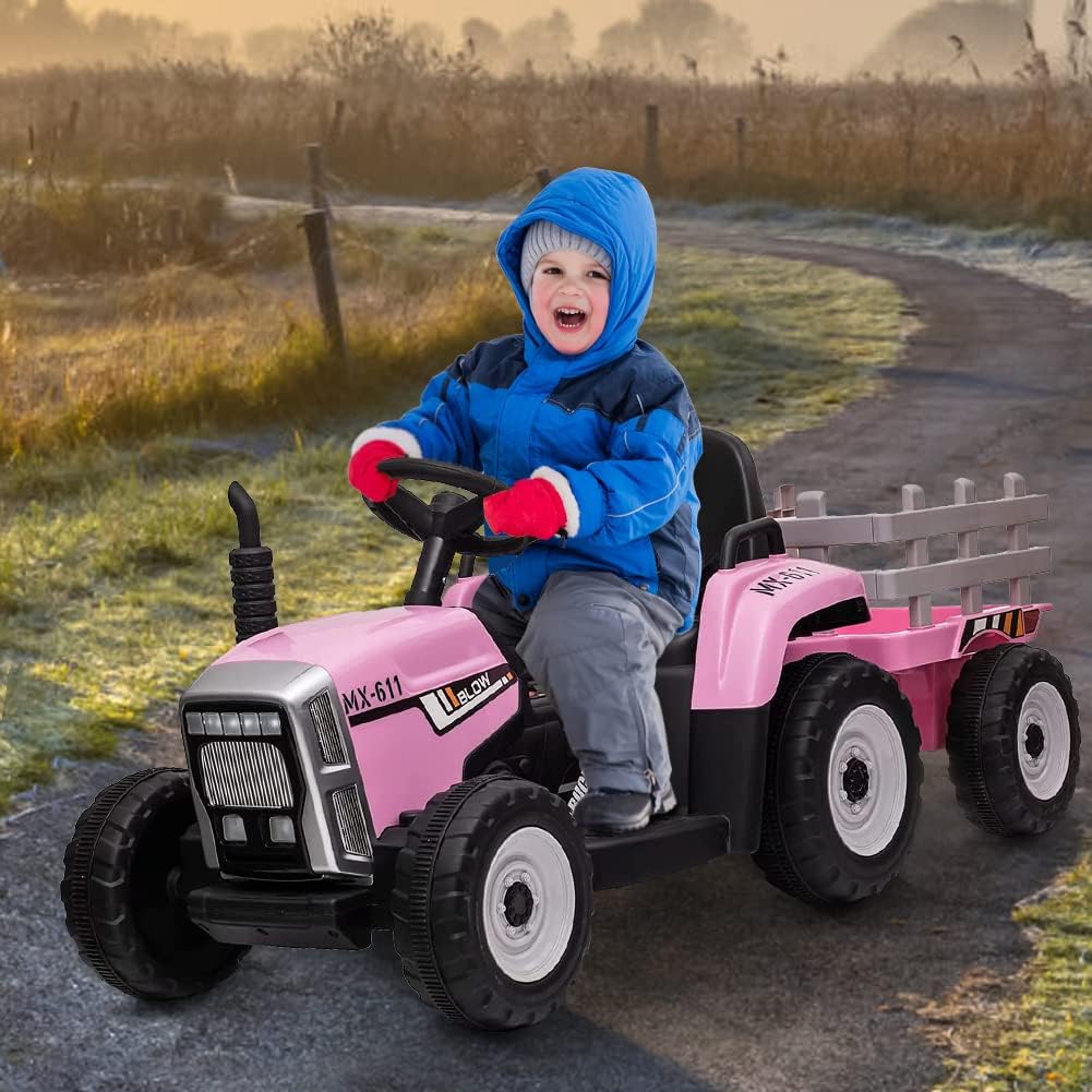 12V Kids Ride On Tractor with Trailer & Remote Control, Toddler Battery Powered Electric Vehicle, Slow Start 7LED Headlights USB Music Player 2+1 Gear Shift, Pink, 35W/ EVA Tire