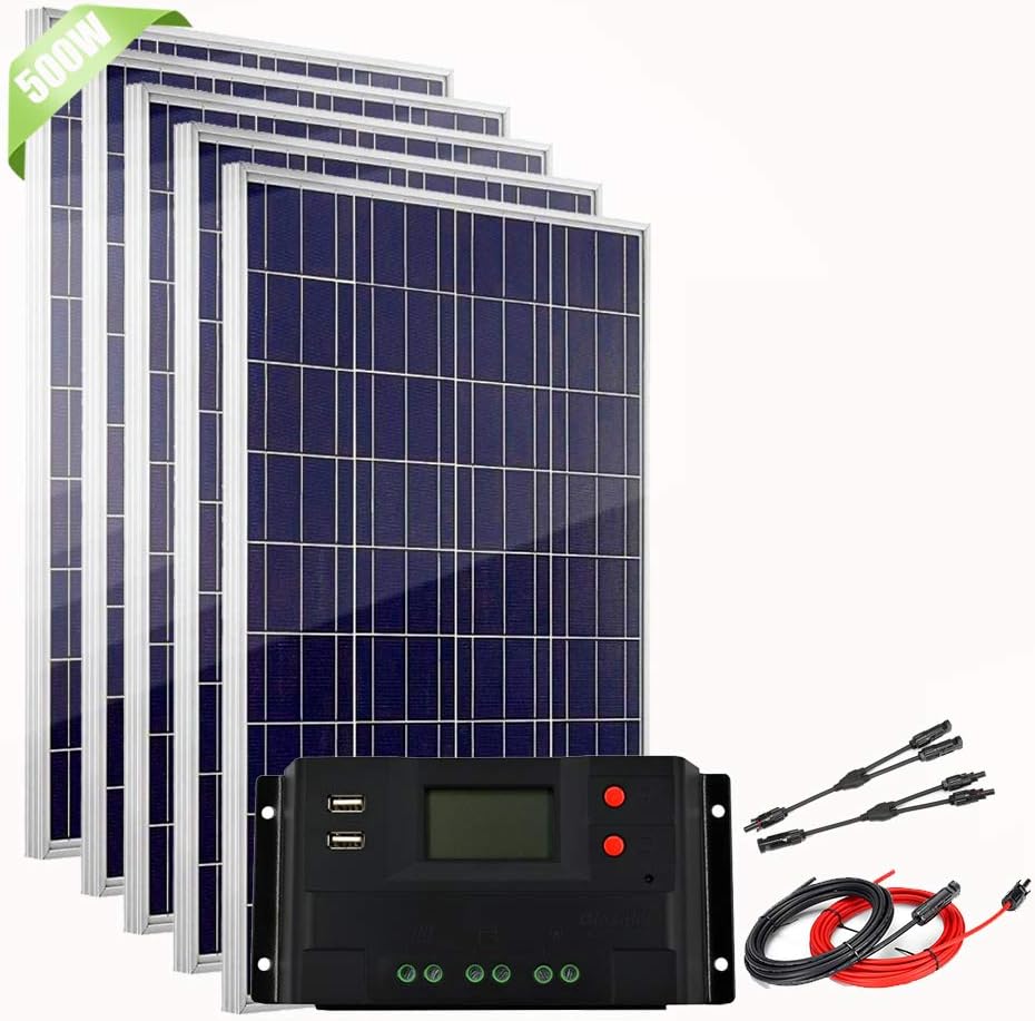 500 Watt 12V Solar Panel Kit for Motorhome 5pcs 100W Polycrystalline PV Panel with 50A LCD Charge Controller + Accessory