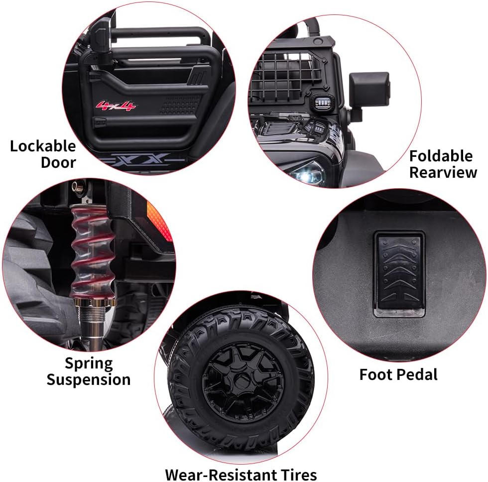 24V 2 Seaters Kids Ride On Truck with Remote Control, 20' Large Seat + 15.5' Wheels, Electric Vehicle Car with LED Light,Large Storage Space, Bottle Holder,Music, Horn,USB for Kids (Black)