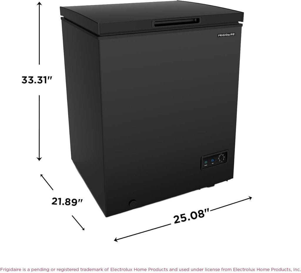 FRIGIDAIRE EFRF5003-BLACK Chest Deep Freezer-Garage-Ready, 5.0 Cu. Ft. Capacity, Black-Adjustable Thermostat-Removable Vinyl Coated Wire Basket-Easy Defrost Drain