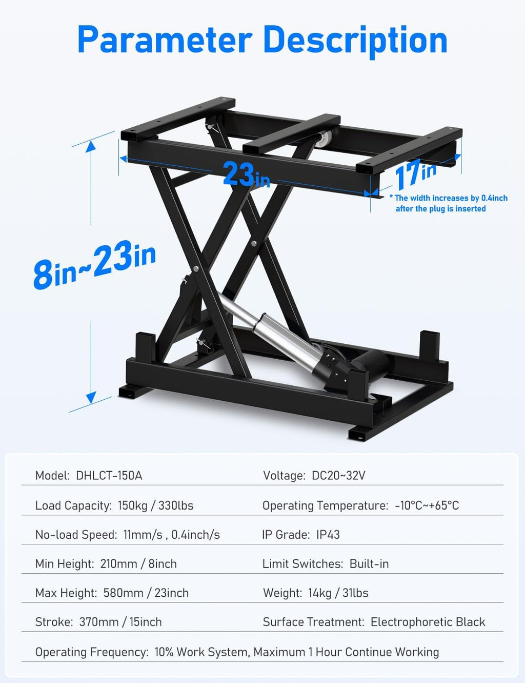 DIHOOL Electric Scissor Lift Table 330Lbs, 210-580MM,8-23in Height Adjustable Lifting Platform