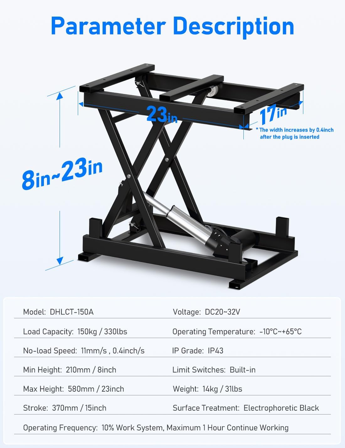 DIHOOL Electric Scissor Lift Table 330Lbs, 210-580MM,8-23in Height Adjustable Lifting Platform