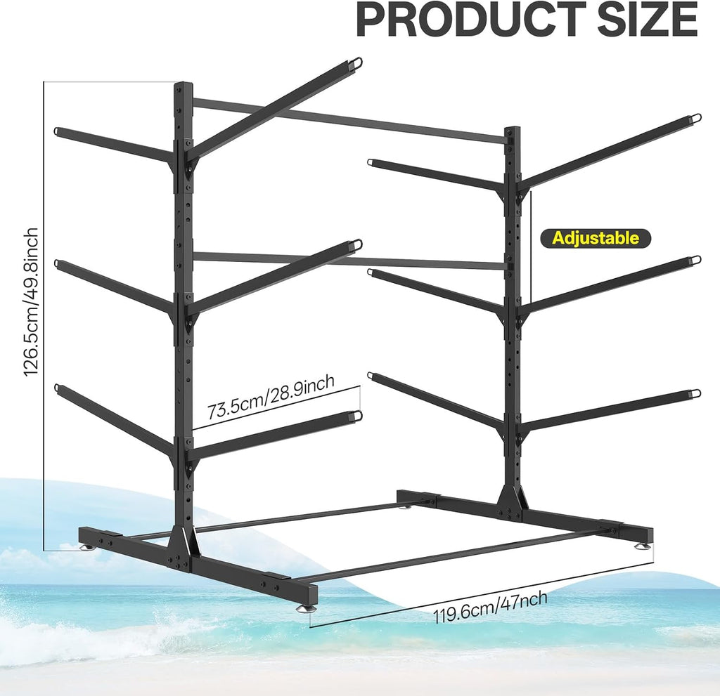 LotFun Kayak Storage Rack, Freestanding Heavy Duty Adjustable Kayak Stand Indoor Outdoor Storage Rack Garage, with Wheels and Foot Pad, for Kayaks, SUPs, Canoes, Surfboard (3 Levels for 6 Kayaks)