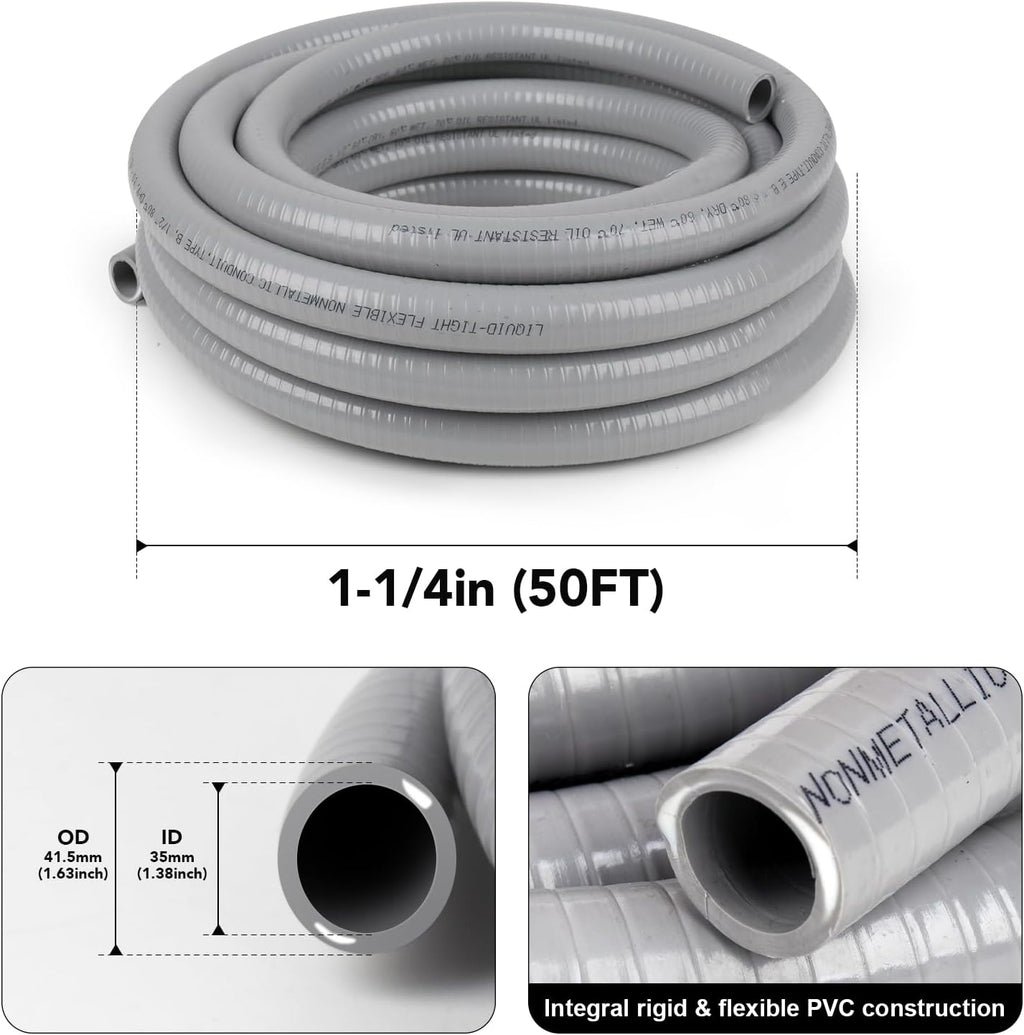 1-1/4(1.25) inch 50ft Liquid-Tight Conduit and Connector Kit,Flexible Non-Metallic Liquid Tight Electrical Conduit Kit with 5 Straight and 3 90-Degree Connector Fittings,1in. Dia…