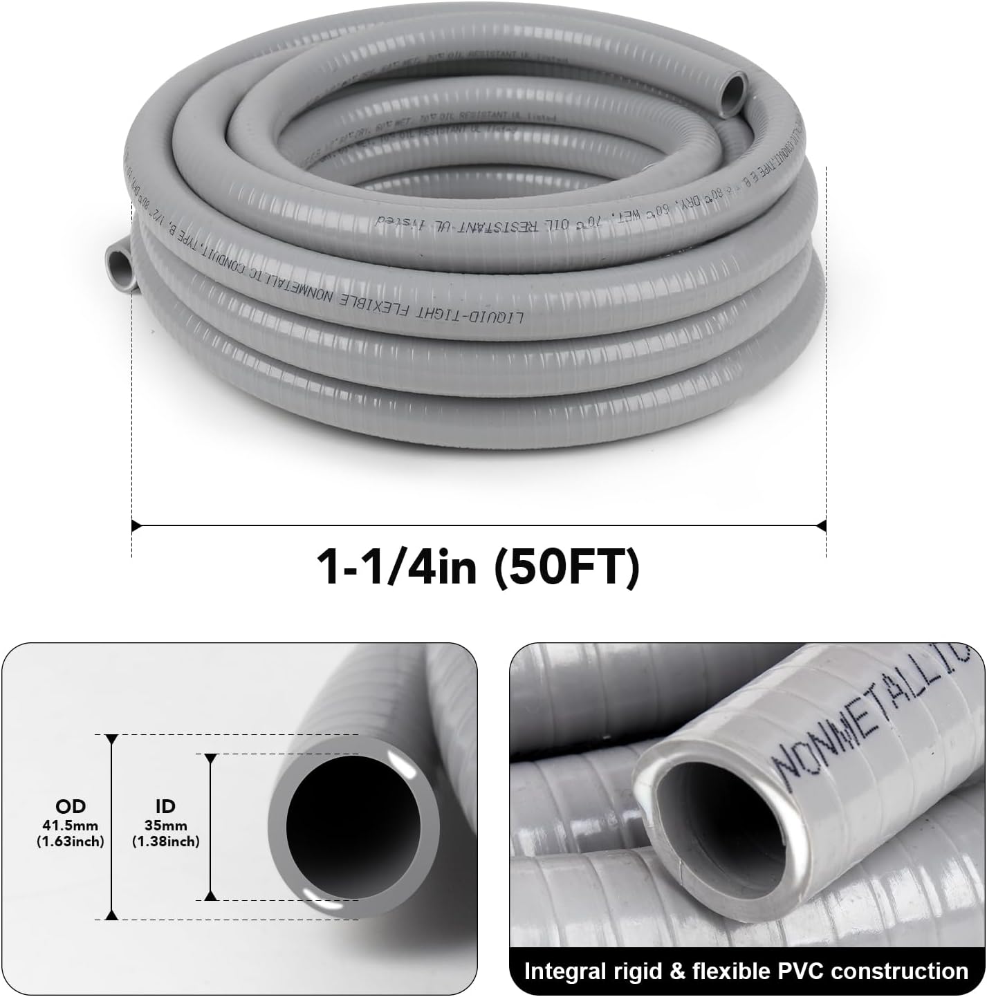 1-1/4(1.25) inch 50ft Liquid-Tight Conduit and Connector Kit,Flexible Non-Metallic Liquid Tight Electrical Conduit Kit with 5 Straight and 3 90-Degree Connector Fittings,1in. Dia…