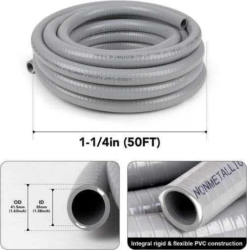 1-1/4(1.25) inch 50ft Liquid-Tight Conduit and Connector Kit,Flexible Non-Metallic Liquid Tight Electrical Conduit Kit with 5 Straight and 3 90-Degree Connector Fittings,1in. Dia…