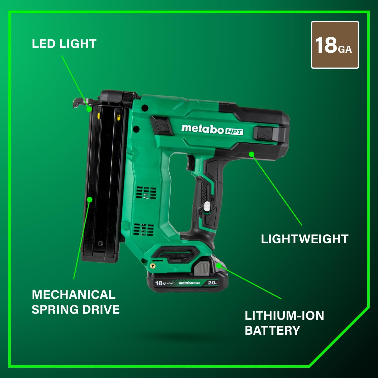 Metabo HPT 18V MultiVolt Cordless Narrow Crown Stapler Kit, 18 Gauge 1-1/2' Stapler with Power Tool 2.0Ah Lithium Ion Battery, Drives 1/2' to 1-1/2' Staples, 5-Year Warranty, N1804DB