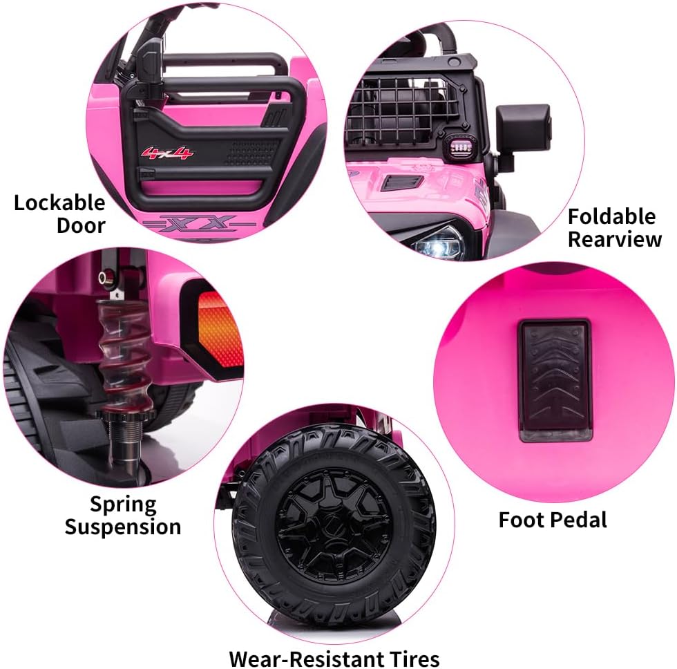 24V 2 Seaters Kids Ride On Truck with Remote Control, 20' Large Seat + 15.5' Large Wheels, Electric Vehicle Car with LED Light, Storage Space, Bottle Holder,Music, Horn,USB for 3-8 Years (Pink)