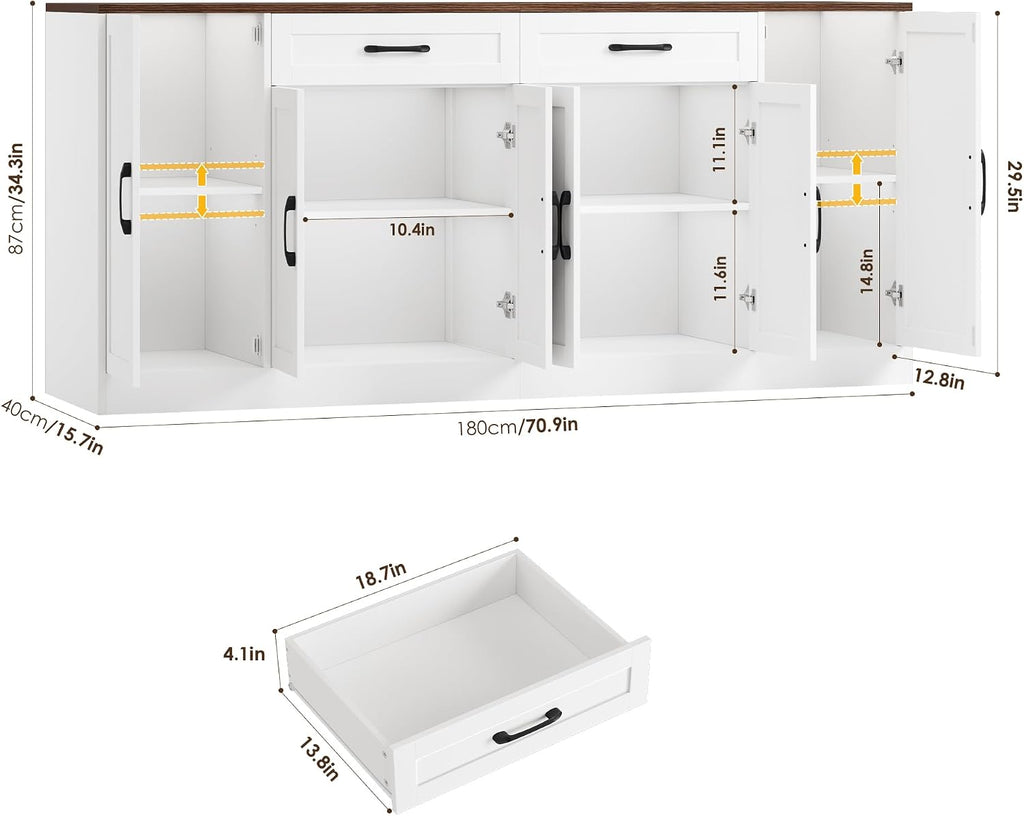 BOTLOG 71' Large Buffet Cabinet with Storage, Sideboard Buffet Cabinet with Adjustable Shelves and 6 Soft-Close Doors, Wood Coffee Bar Console Table for Kitchen, Dining Room, White