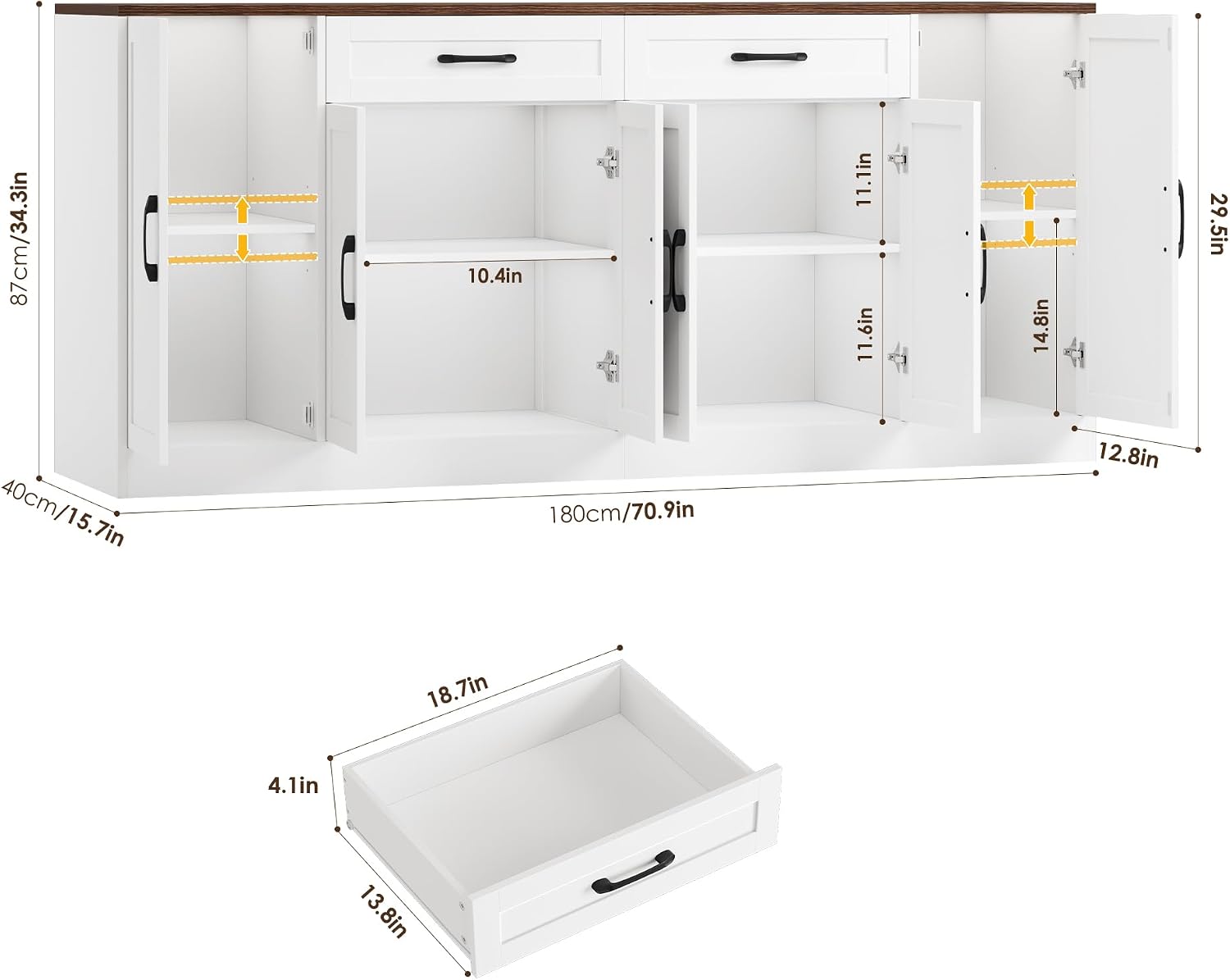 BOTLOG 71' Large Buffet Cabinet with Storage, Sideboard Buffet Cabinet with Adjustable Shelves and 6 Soft-Close Doors, Wood Coffee Bar Console Table for Kitchen, Dining Room, White