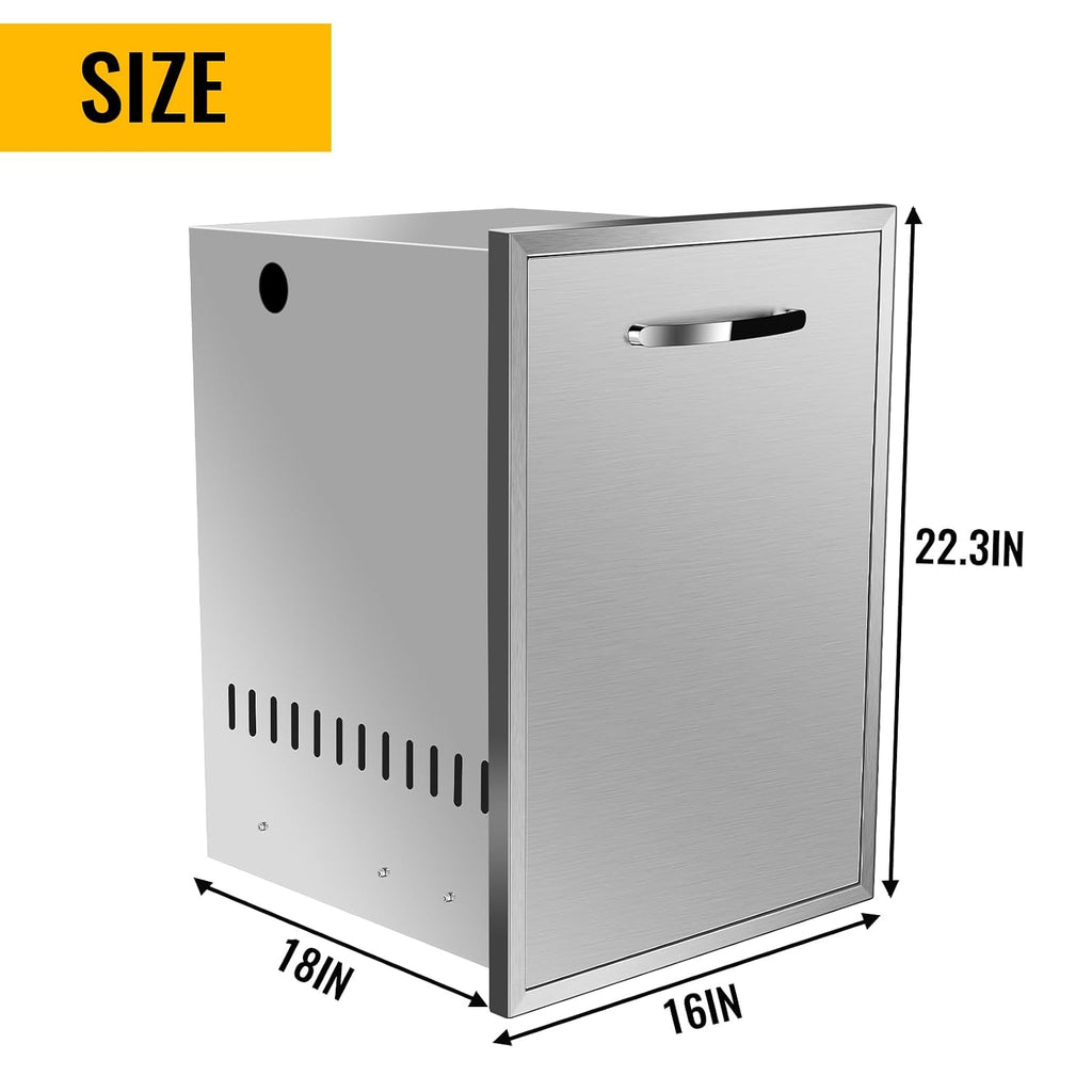 Pull-Out Single Trash Drawer 16''Wx22.3''Hx18''D, Built-in Trash Drawer, Outdoor Kitchen Stainless Steel Trash Bin for BBQ Island Grill Station