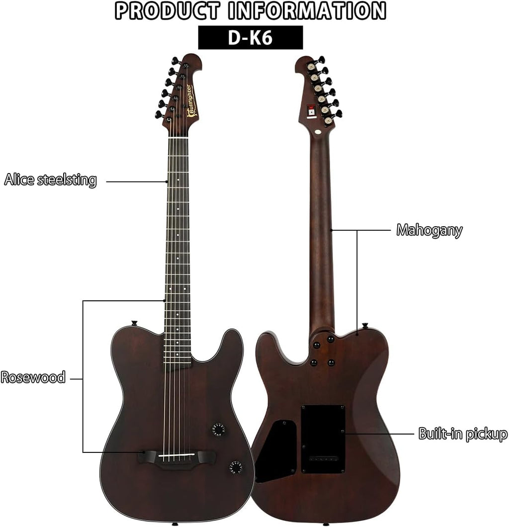 Bullfighter Acoustic Guitar Silent Nylon 6 String Travel Electronic Classical Portable Built in Pickups Steel Guitars Case Bag, Strap, Strings (Steel string K6)