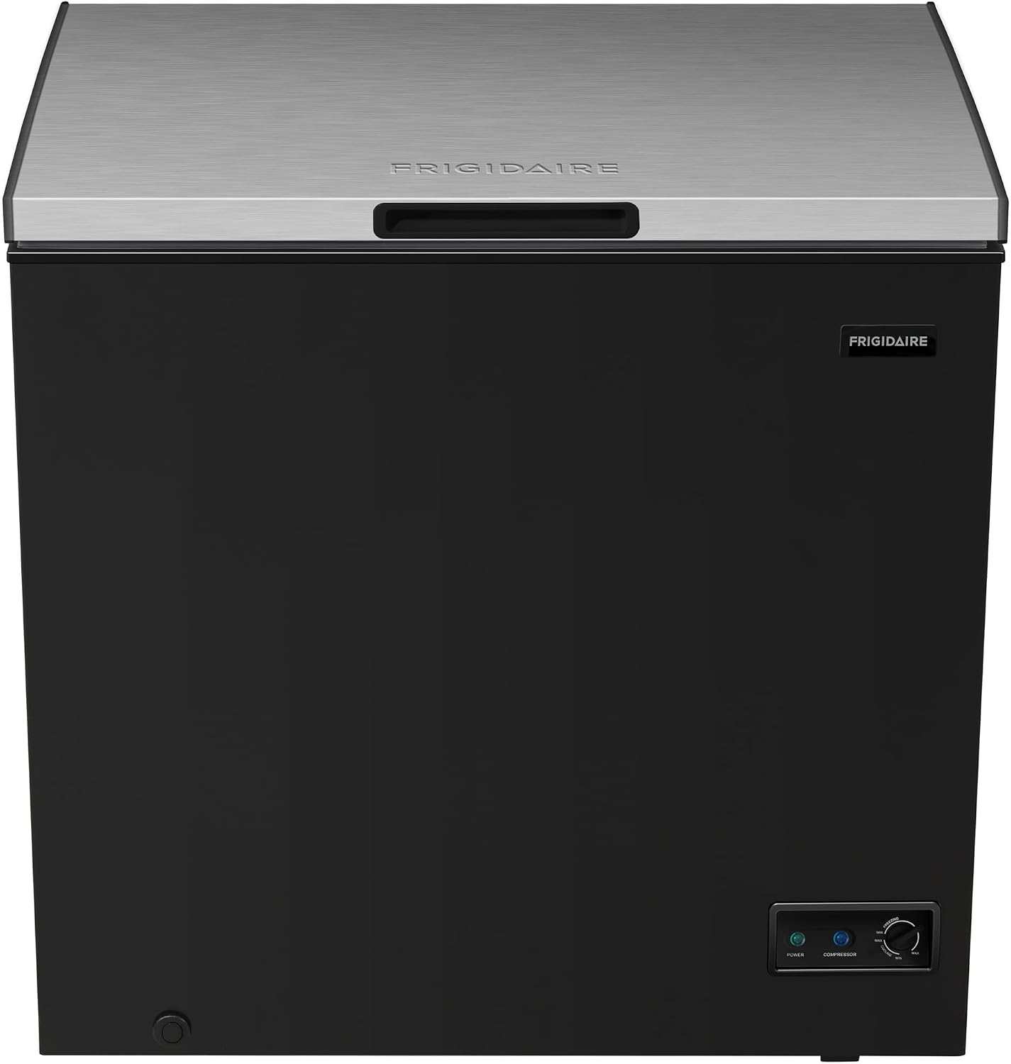 FRIGIDAIRE Chest Deep Freezer, 7 Cu. Ft, Black Adjustable Thermostat-Removable Vinyl Coated Wire Basket-Easy Defrost Drain, Eye-Catching Stainless Steel Top Door- Garage Ready