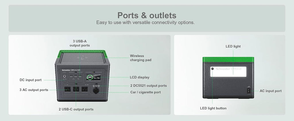 Schneider OffGrid Portable Power Station 500W PPS500 and 100W Portable Solar Panel PSP100 for Outdoor Camping RV Home Backup