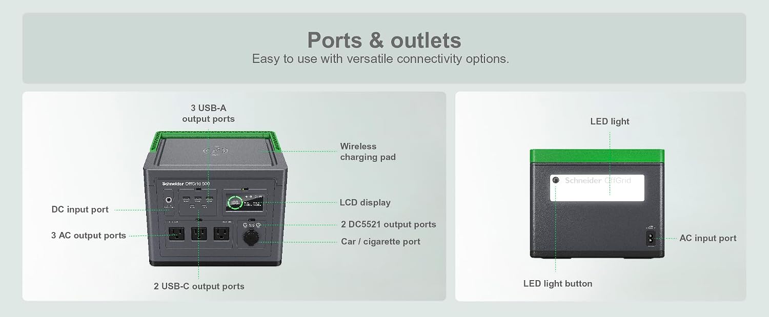 Schneider OffGrid Portable Power Station 500W PPS500 and 100W Portable Solar Panel PSP100 for Outdoor Camping RV Home Backup